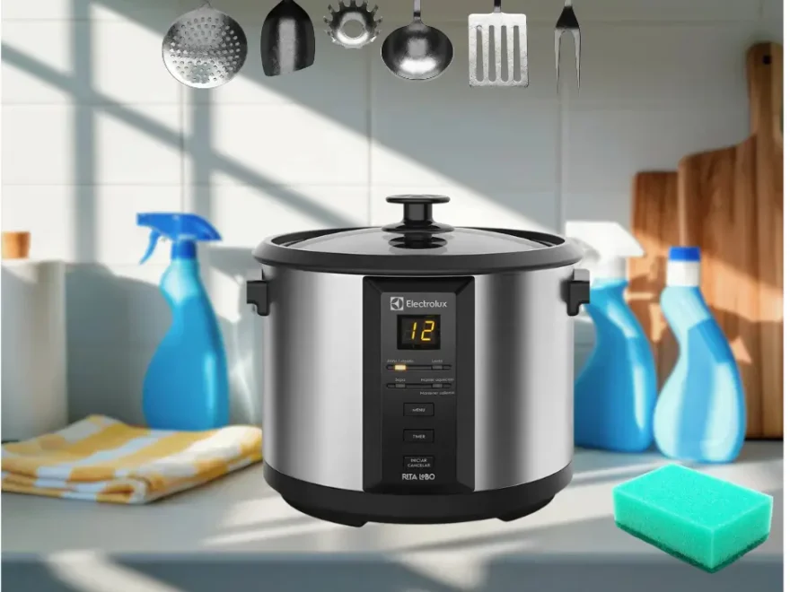 Mesa com produtos de limpeza e panela eletrica