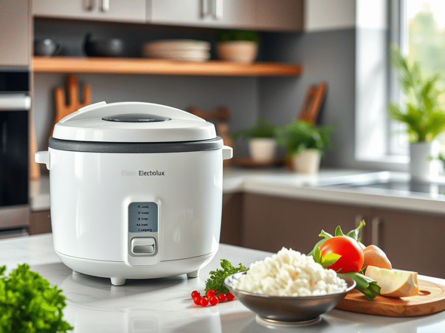 panela elétrica em uma mesa com pratos e alimentos